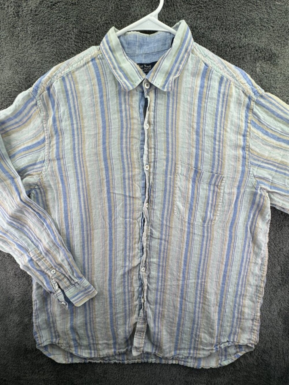 Nat Nast Linen Striped Green Blue Button Up Shirt Long Sleeve XL American Fit